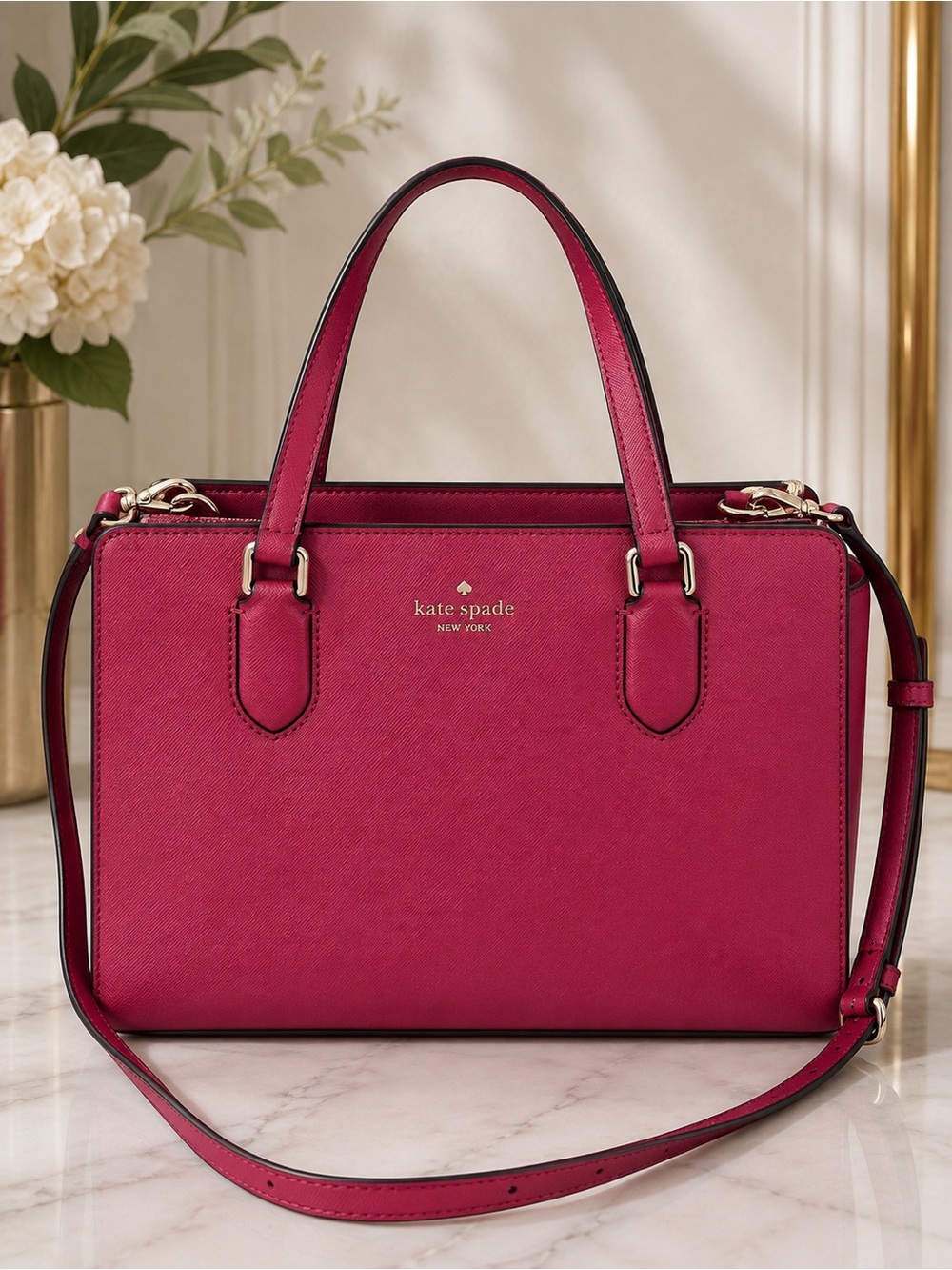 Kate Spade Burgundy Saffiano Leather Satchel Crossbody Shoulder Bag